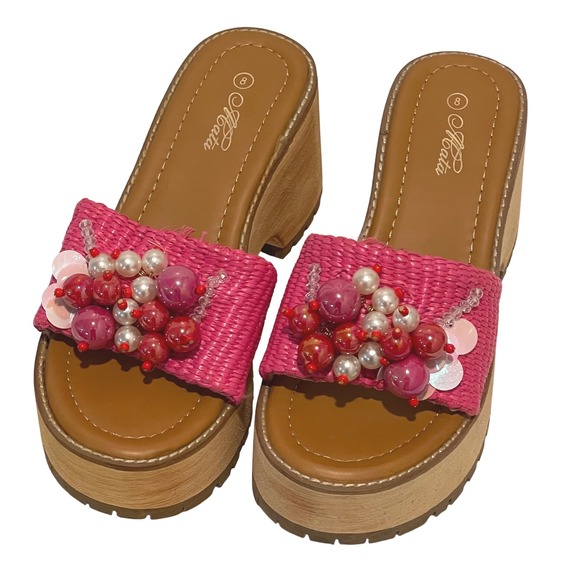 Acata Platform Wedge Sandals 8‎ Pink Raffia Beaded Embellished Slip On Slides - Picture 2 of 6